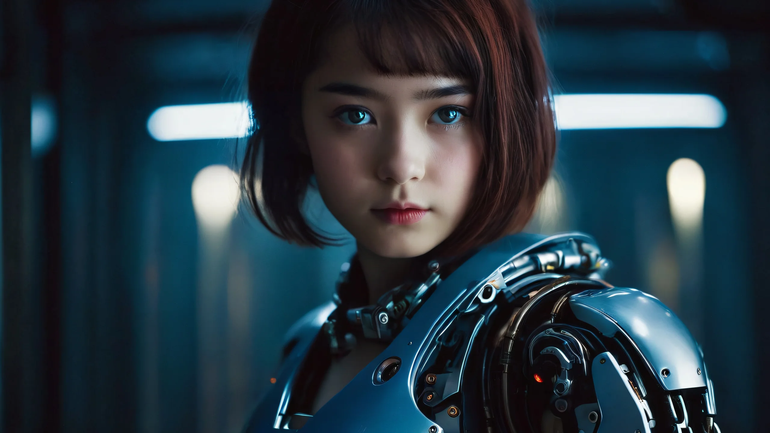 Metallic Melancholy 4K UHD Widescreen Robotic limbs and a serene girl's expression against a moody background