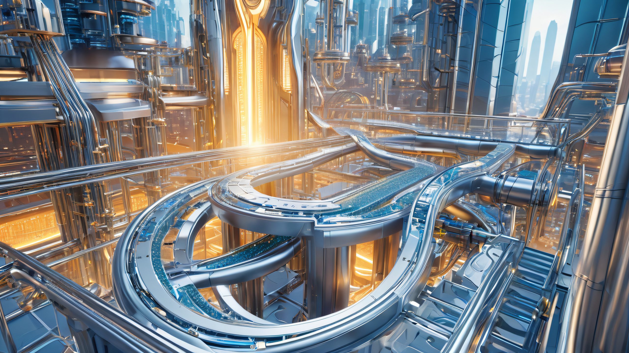 Futuristic cityscape on a desktop/PC with precision-engineered mechanical device and sterile laboratory setting