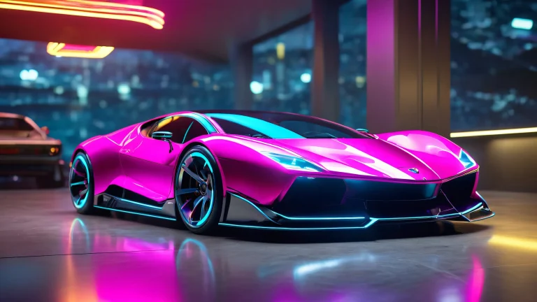 A futuristic highway landscape with a sleek car blending into a metallic and neon-lit environment