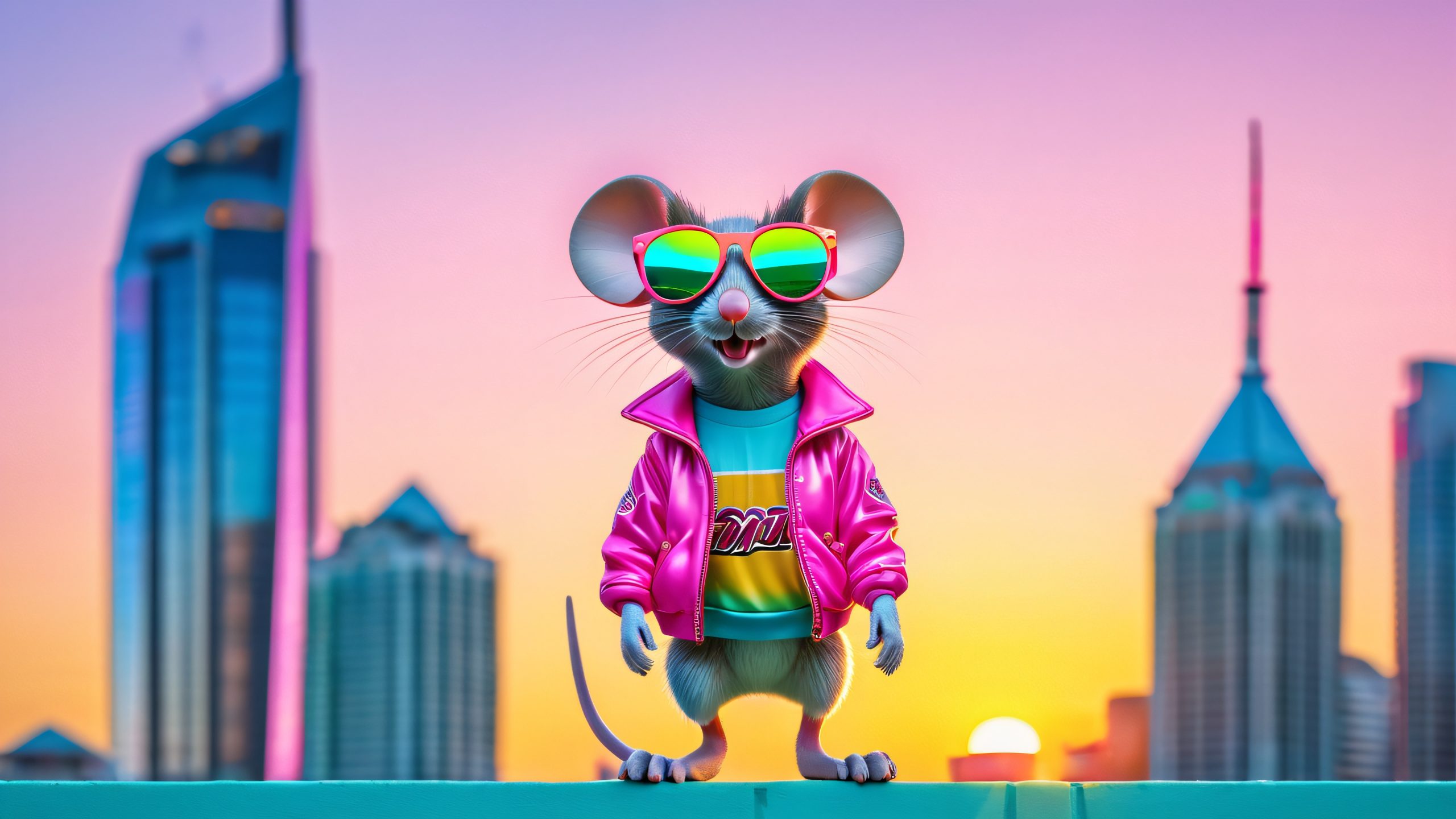 A vibrant mouse in a Miami Heat jersey and pink sunglasses perched on a colorful mural of a Miami cityscape at sunset, with the Freedom Tower in the distance, on a desktop/pc