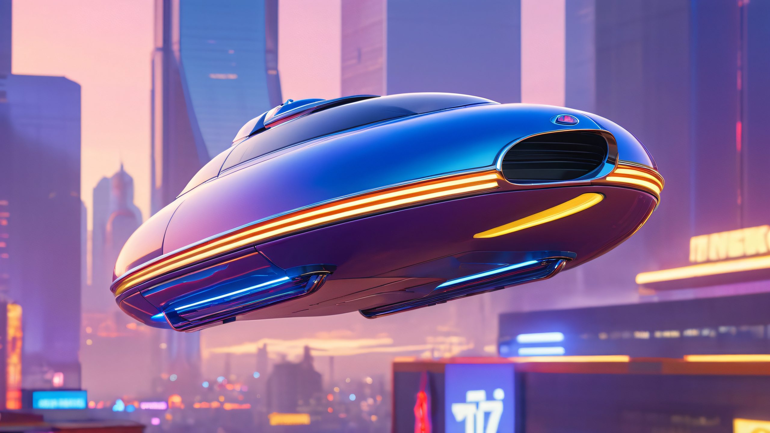 Mid-Air Chrome Cruiser 4K UHD Wallpaper Vintage-inspired hovercar suspended above a futuristic cityscape with skyscrapers and neon lights on desktop/PC.