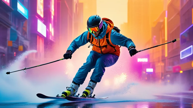 Abstract skier in mid-air surrounded by swirling shapes and lines on a foggy city street at night for desktop/pc use.