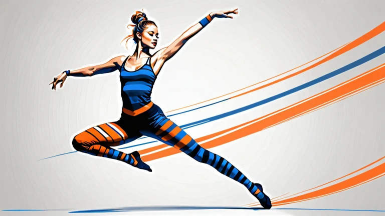Abstract dancer in mid-air, rendered in dark grey with horizontal stripes and ink sketch details.