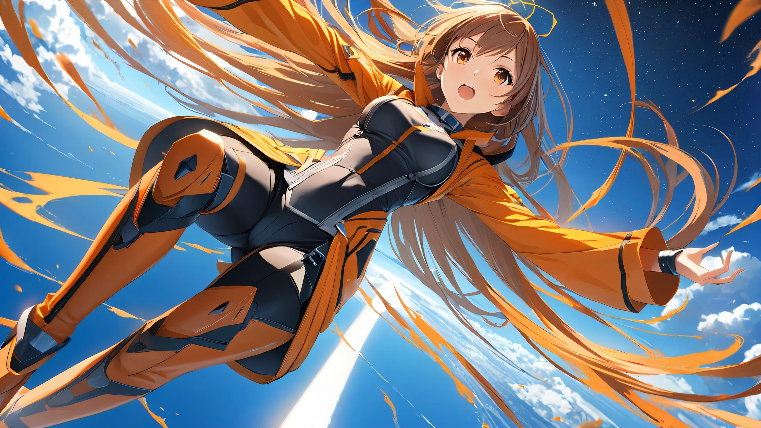 Epic Mid-Air Kunoichi 4K Desktop Wallpaper A 4K anime wallpaper featuring a skilled warrior in mid-flight, with vibrant orange and yellow hues.