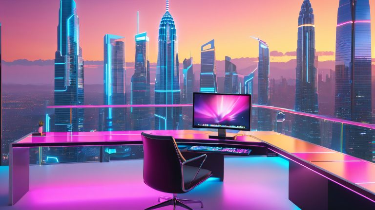 mid century modern computer workstation wallpaper at sunset scaled