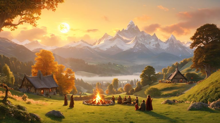 middle earth village scene wallpaper scaled