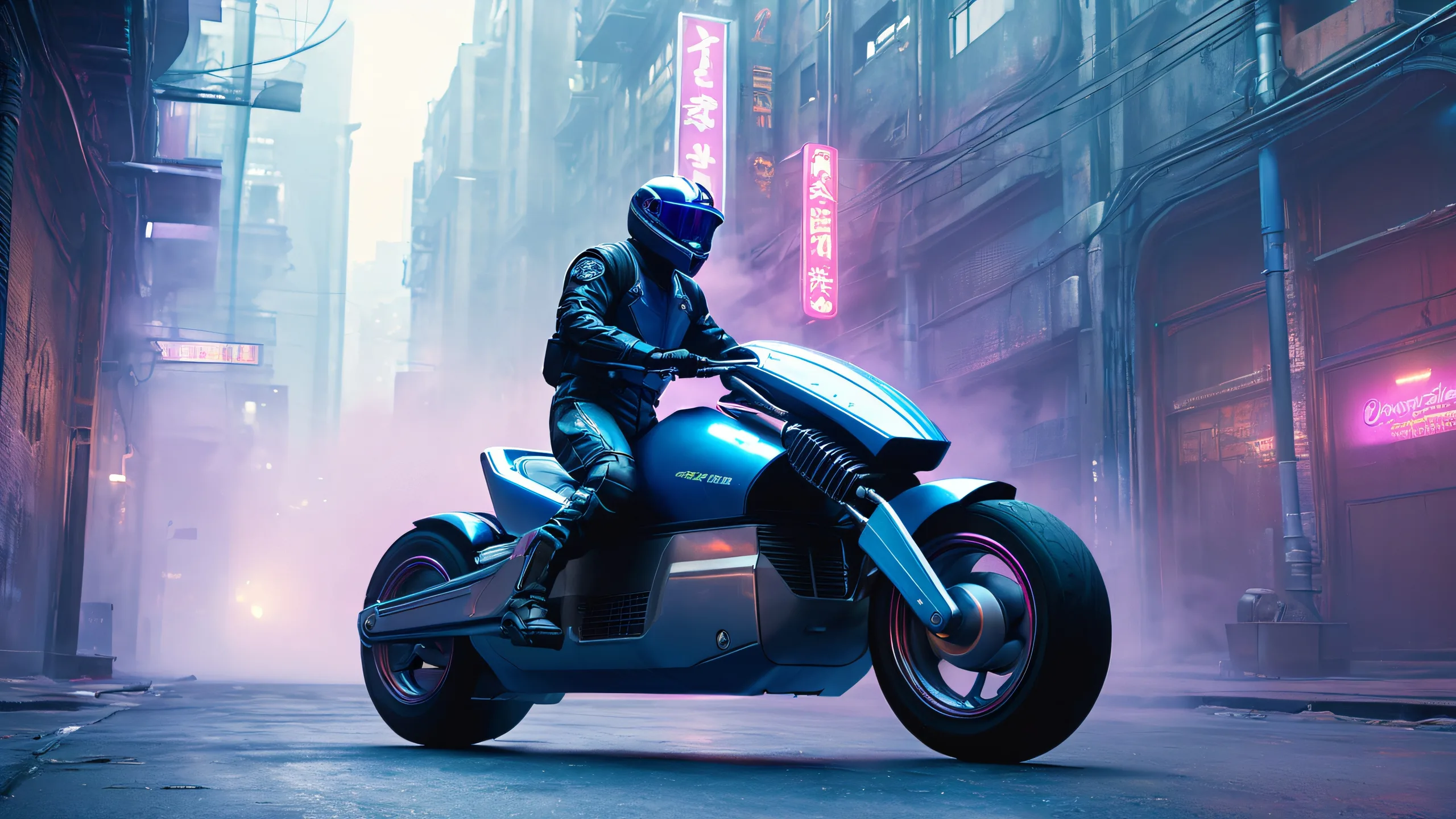 4K Midnight Alley Pursuit Wallpaper for PC/Mac A lone hovercycle rider in a metallic jumpsuit soaring through a foggy alleyway amidst a dystopian cityscape with neon signs and smoke-filled air. Desktop/PC wallpaper.