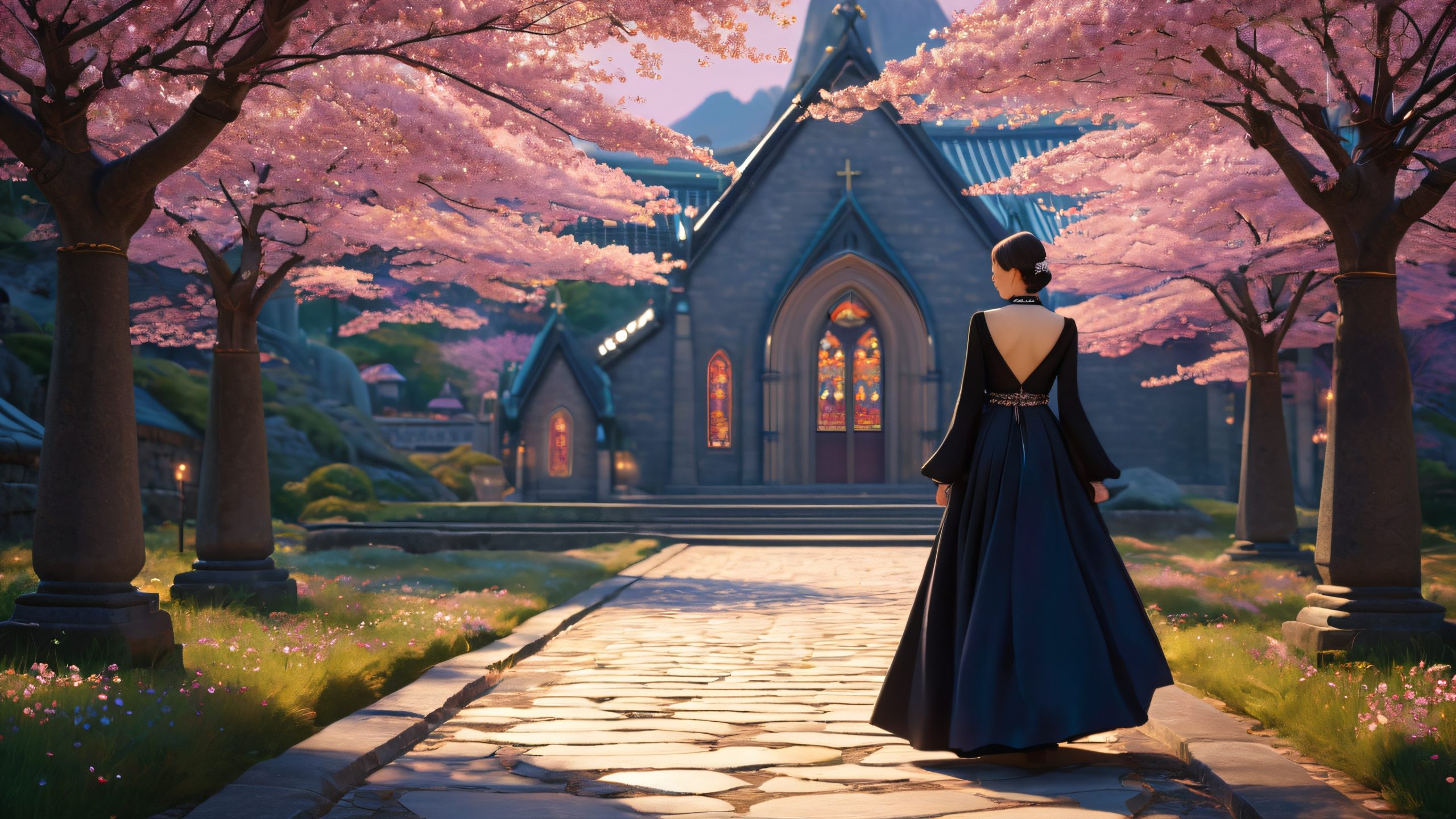 A lone maiden walks through a dark church interior with stone walls, stained glass windows, and intricate carvings.