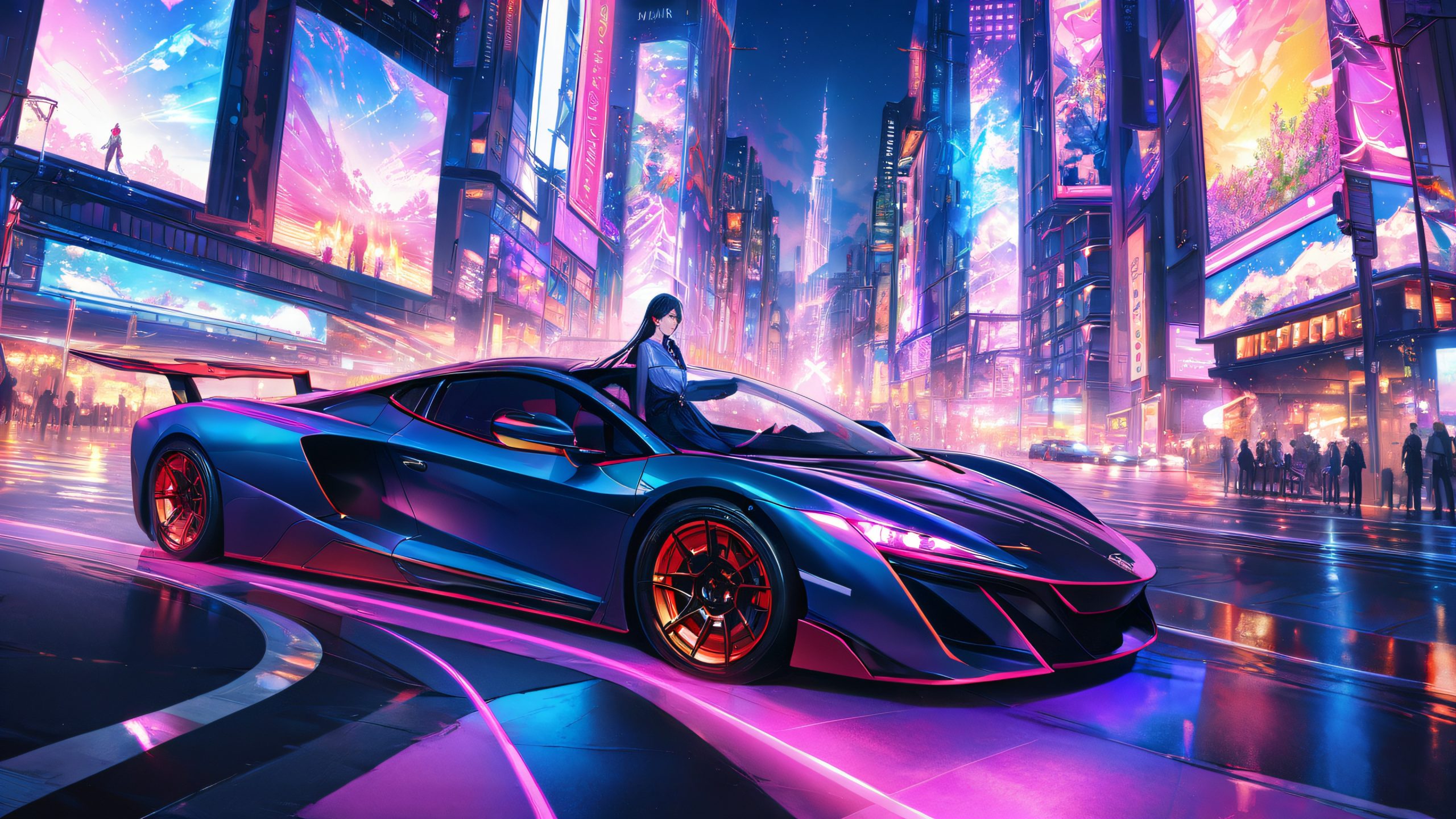 A young woman sits in a sleek sports car, gazing out at a vibrant cityscape with neon lights and towering skyscrapers.