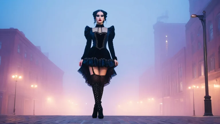 Two goth girls standing back-to-back against a misty cityscape at dusk for desktop/pc use.