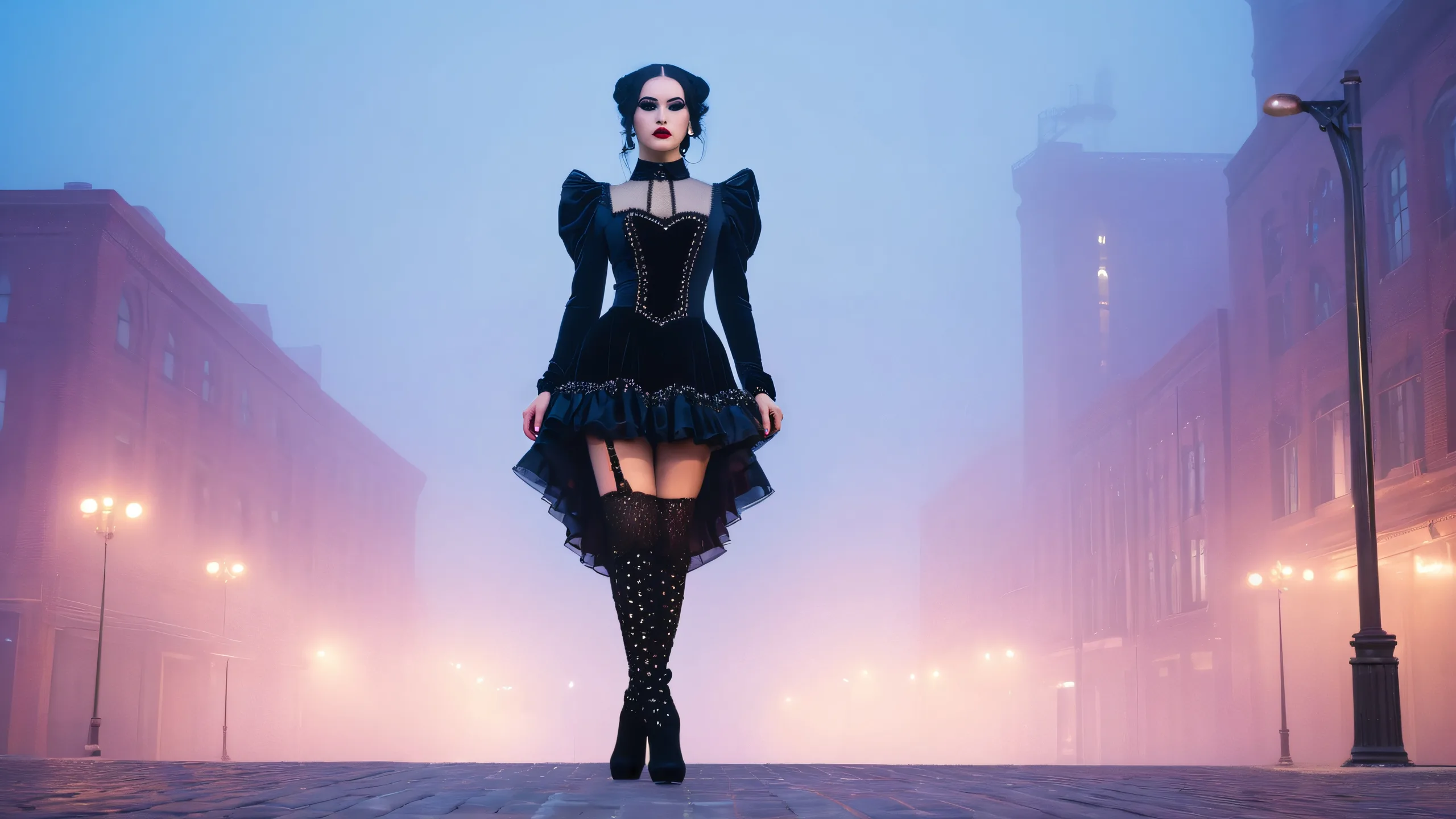 Two goth girls standing back-to-back against a misty cityscape at dusk for desktop/pc use.