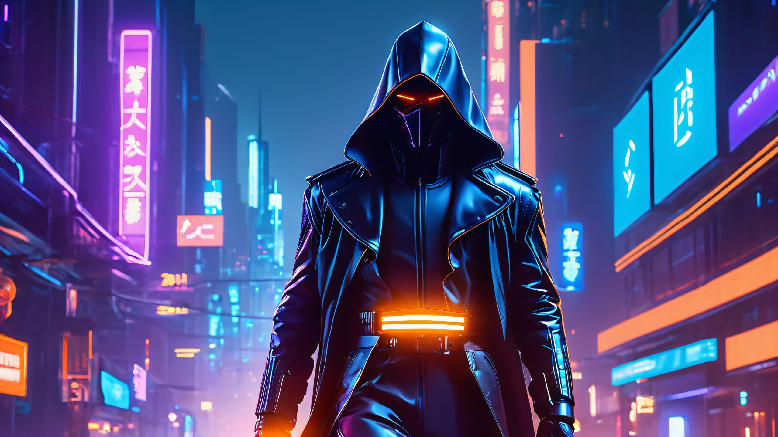 4K Midnight Cityscape Assassin Desktop Background Assassin sneaks through a dimly lit, neon-lit city alleyway at night for Desktop/PC