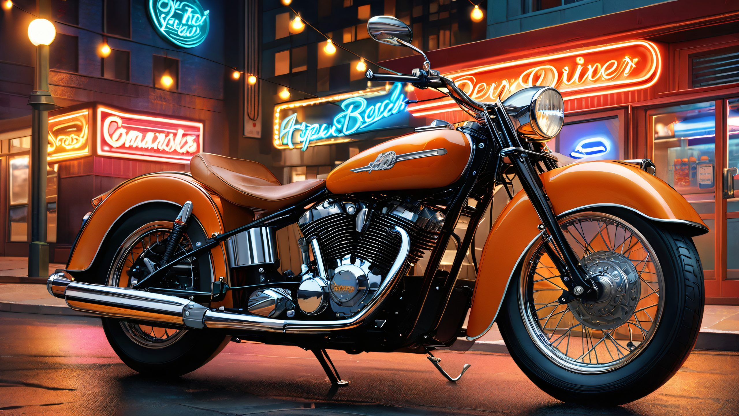 A classic motorcycle parked outside a vintage diner at night, surrounded by neon lights and a starry sky.