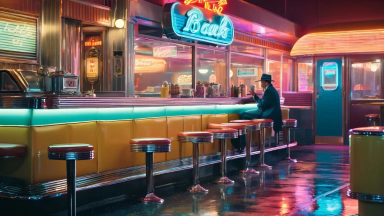 A dimly lit 1950s-style diner on a foggy, rainy night, Perfekt für Ihren Desktop/PC.