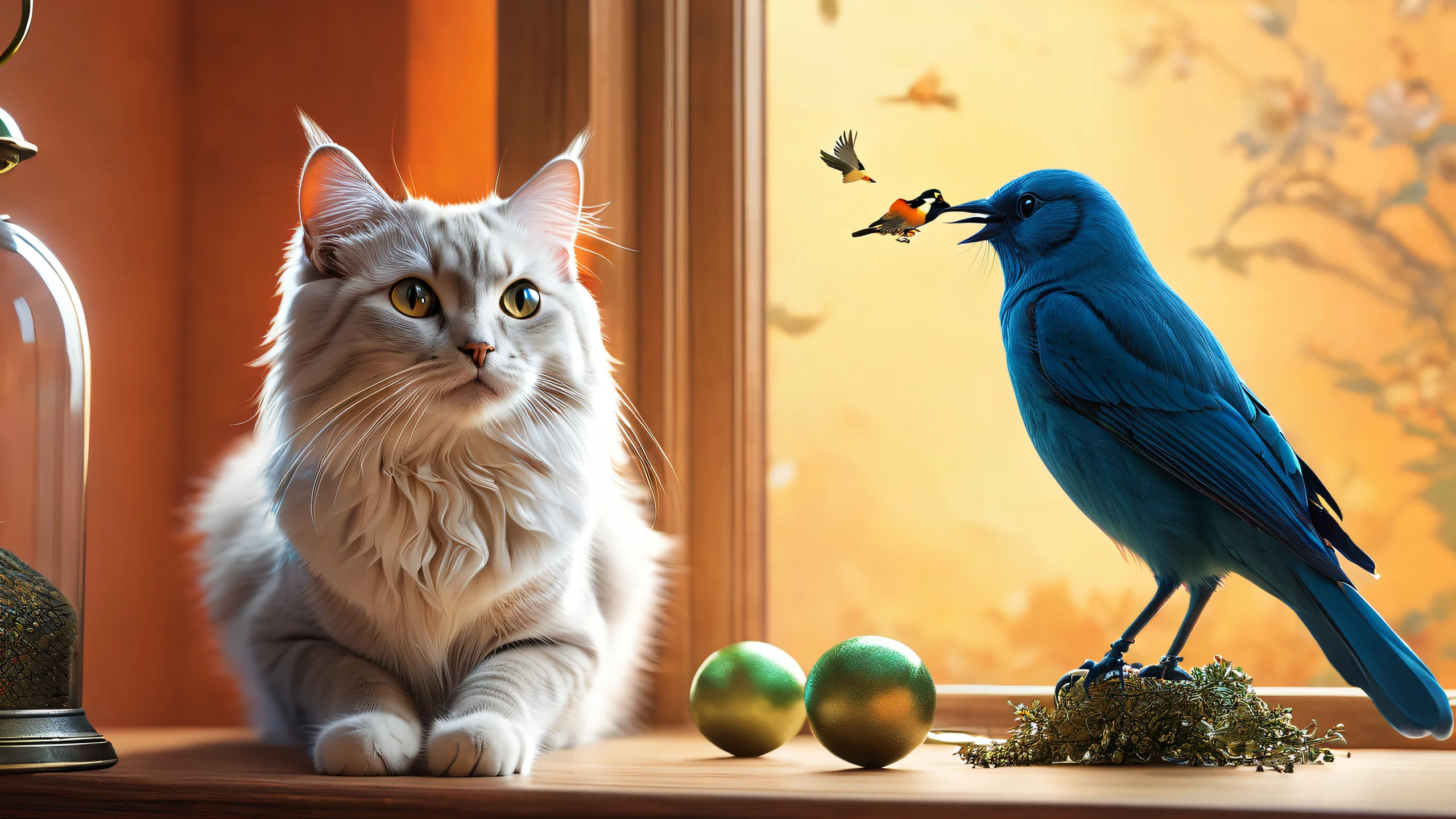 Midnight Feathered Encounter 4K UHD Widescreen A surreal scene of a cat and bird indoors at midnight, featuring high contrast black and white colors.