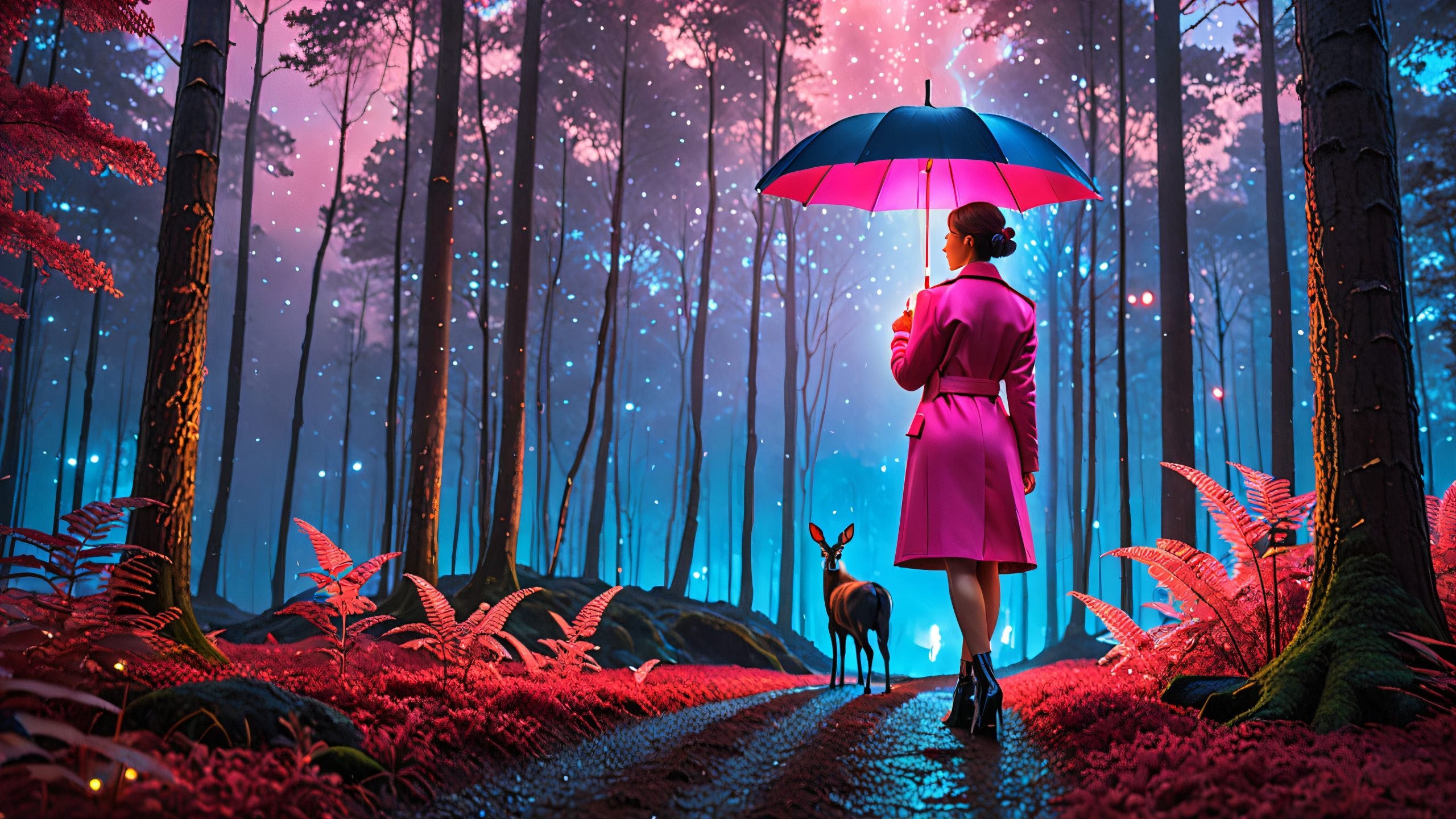 Midnight Forest Glow 4K UHD Wallpaper Androgynous figure with glowing umbrella standing in a dark forest at night amidst an illuminated sky filled with overexposed clouds of light.