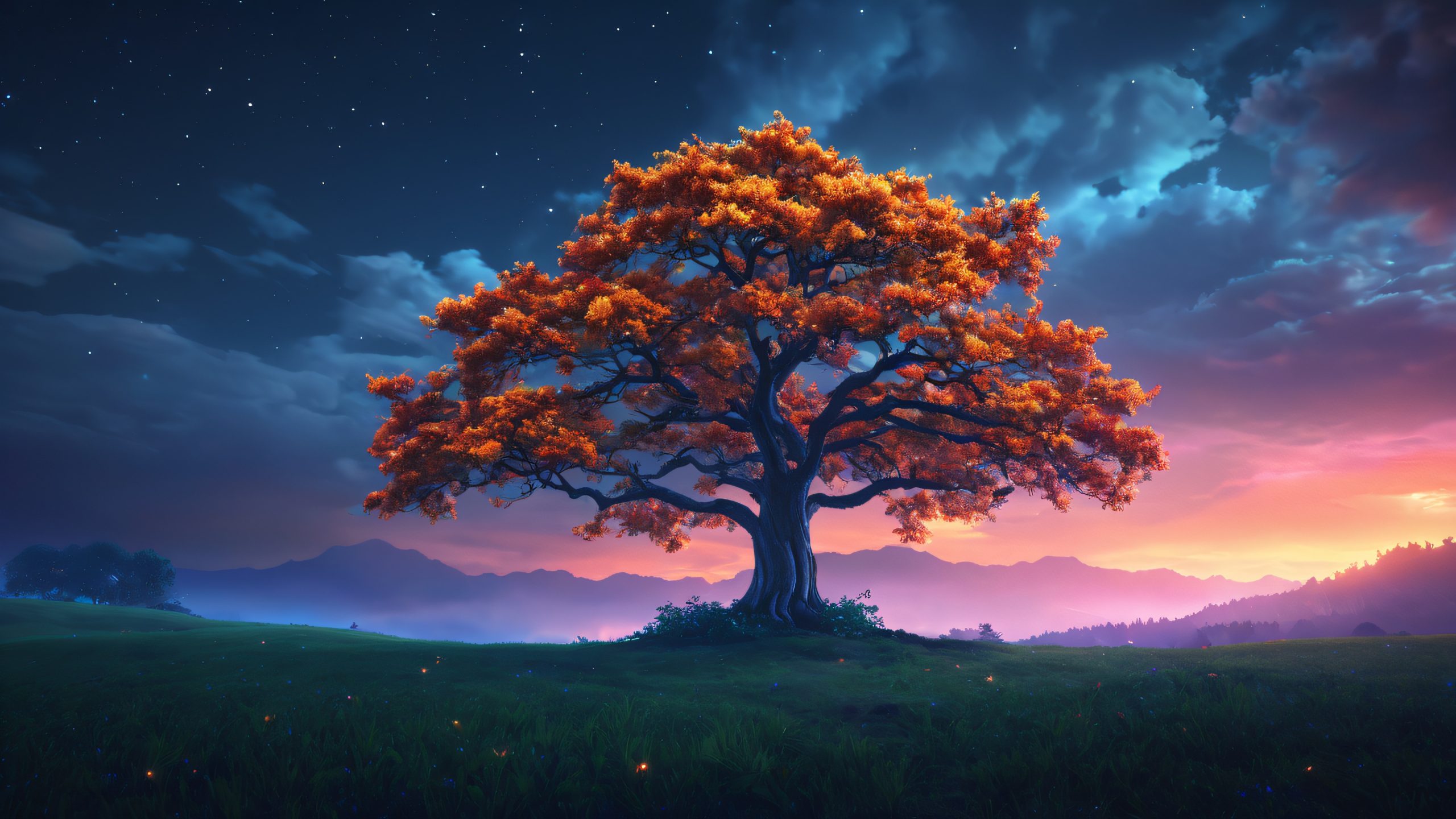A serene tree stands tall amidst a dark cloudy night sky with vibrant complementary colors and dramatic lighting.