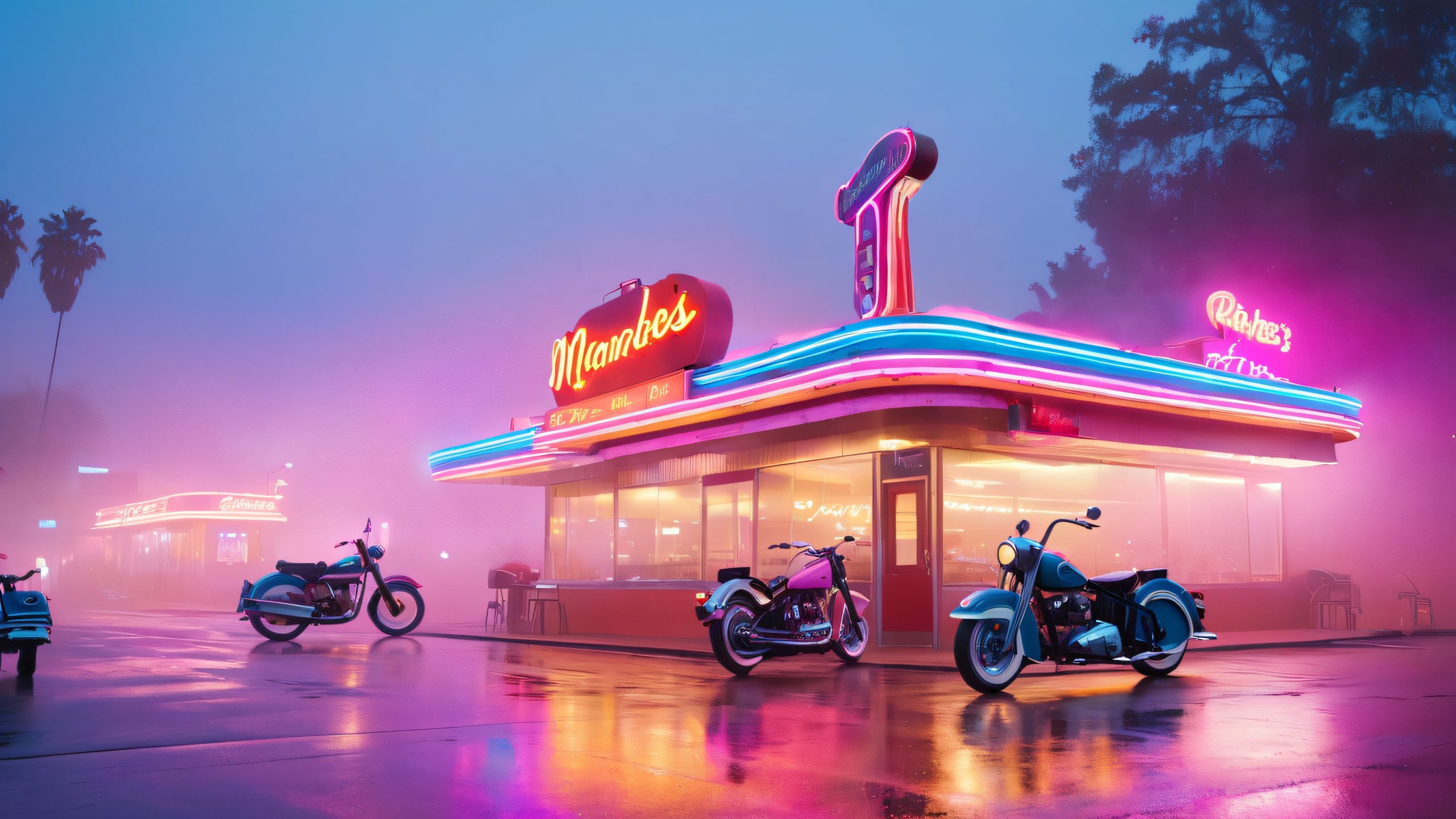 Stunning Midnight Miracles on the Strip 4K Wallpaper A vintage diner at night on the Sunset Strip with neon lights and motorcycles, suitable for desktop or PC backgrounds.
