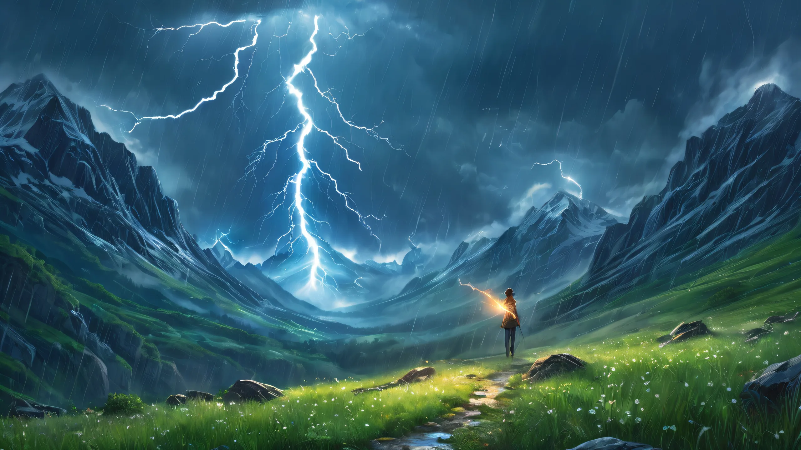 A serene Lone Woman amidst a midnight storm in the mountains, perfect for your Desktop/PC.
