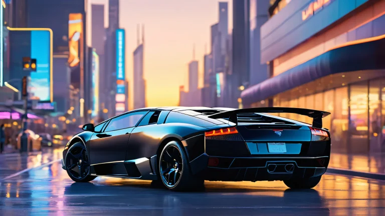 Sleek midnight-black sports car on a desktop or PC background featuring a futuristic cityscape at dusk with neon lights and smog.