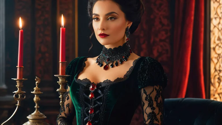 A mysterious woman surrounded by ancient tomes and candlelight on a dark desktop or PC.