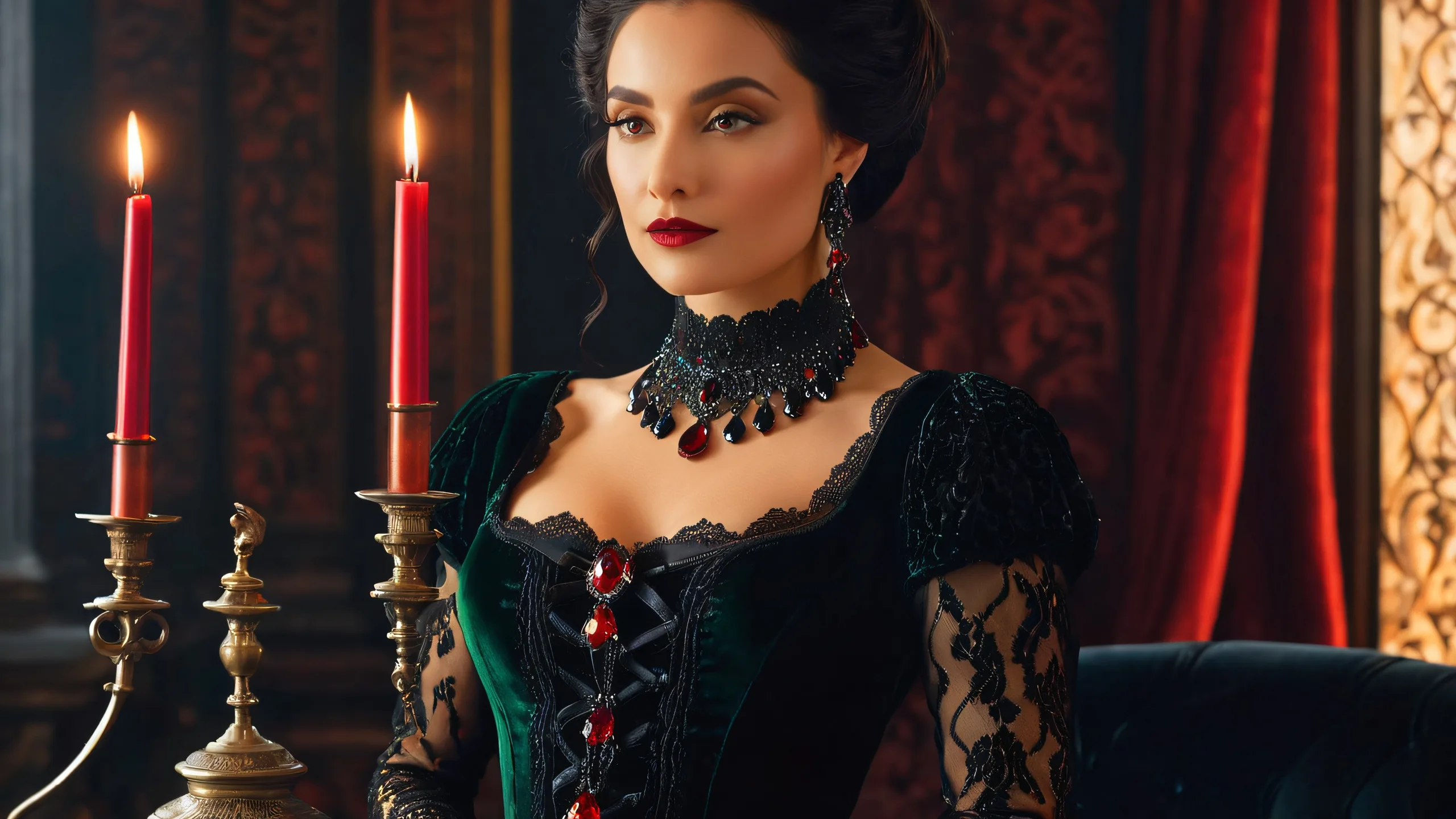 Ultra HD Midnight Muse's Secret Chamber Wallpaper A mysterious woman surrounded by ancient tomes and candlelight on a dark desktop or PC.