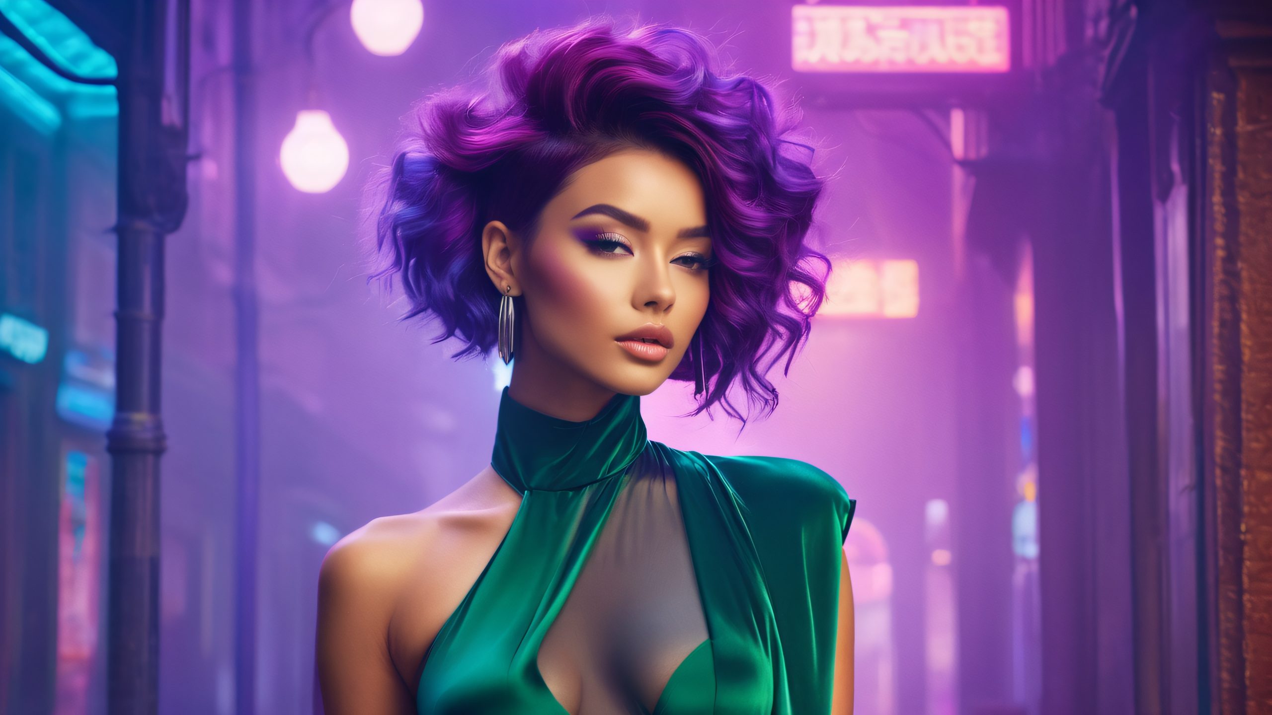 A dark-haired woman poses in a smoky-filled room with a dimly lit alleyway at night, perfect for a desktop/pc.