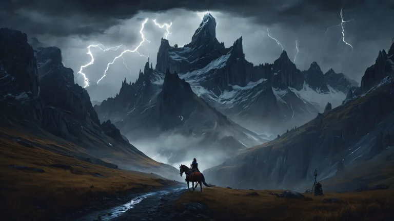 Woman riding horse away from the viewer in a midnight storm with dark fog and jagged peaks, set on a Desktop/PC