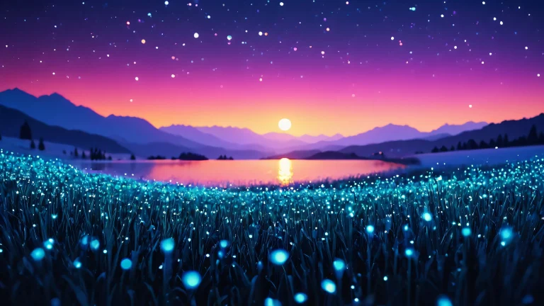 A nighttime landscape featuring a sleek silhouette against a field of vibrant colors and bokeh effects.