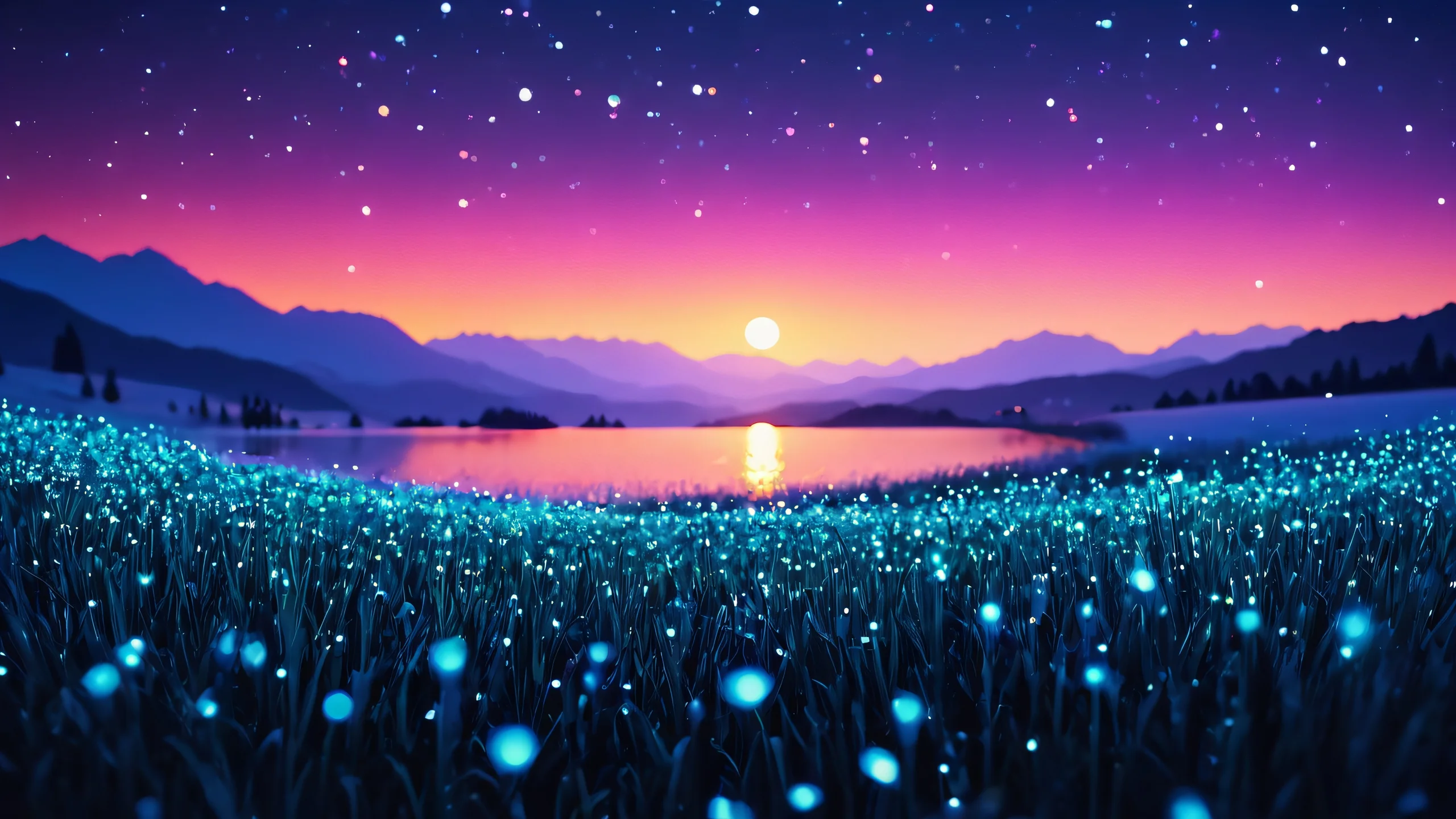 A nighttime landscape featuring a sleek silhouette against a field of vibrant colors and bokeh effects.