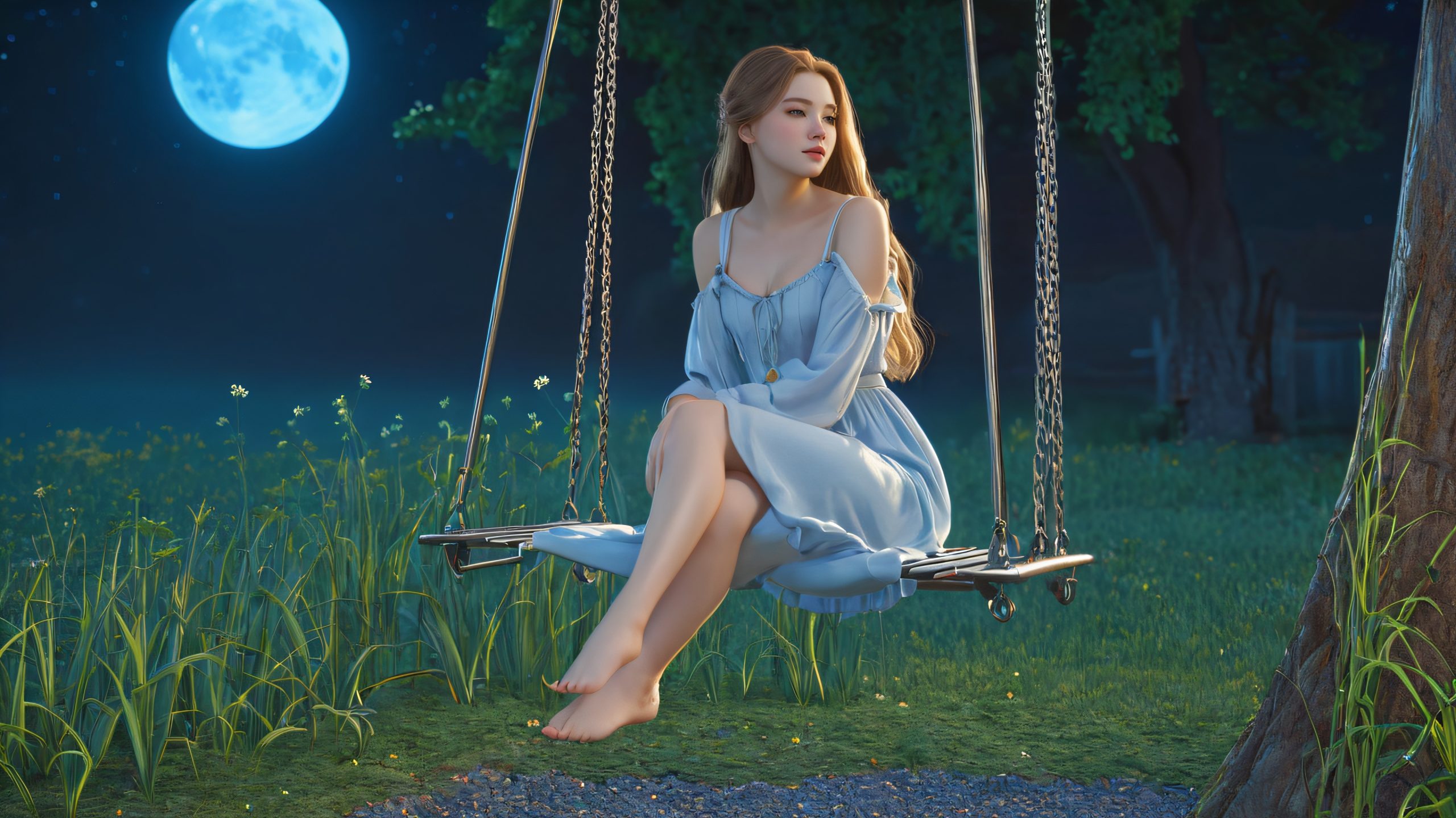 Ultra HD Midnight Swing Solitude Wallpaper A lone figure sits suspended on a creaking swing under a full moonlit sky with an abandoned playground in the background.