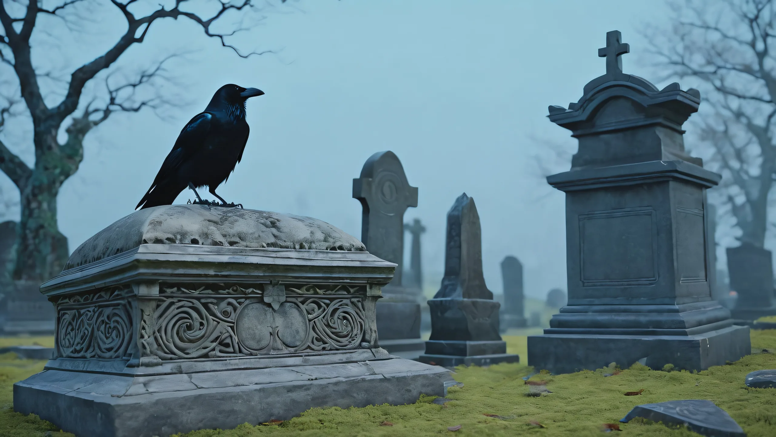 A majestic black crow perched on an ancient tombstone in a misty cemetery at night, with intricate carvings and eerie candlelight.