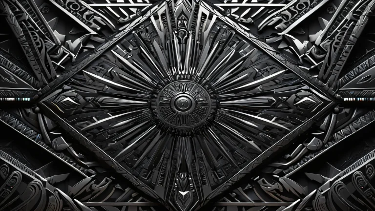 Dark and minimalist tribal design with metallic accents against a black background.