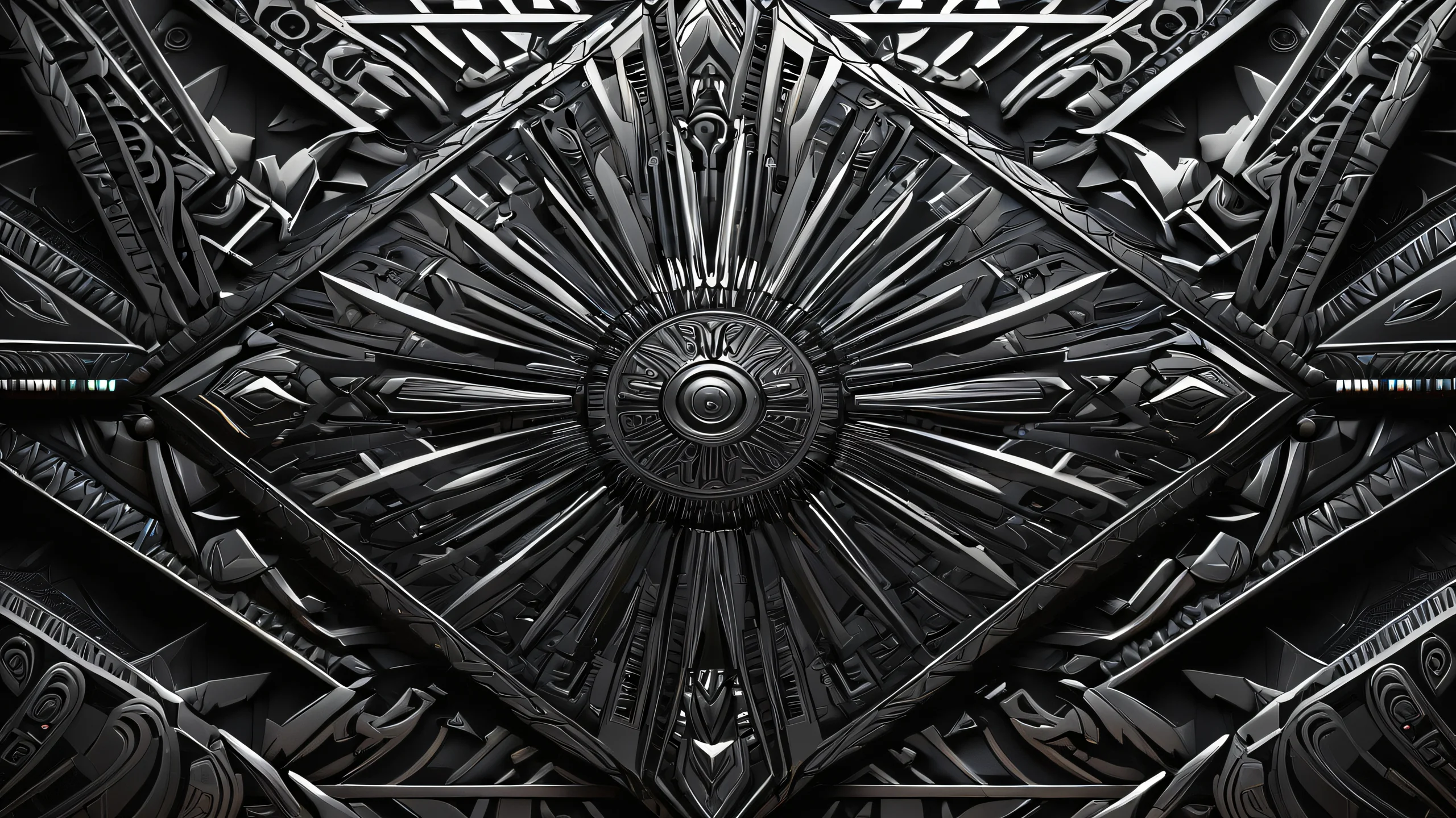 Stunning Midnight Tribal Noir 4K Wallpaper Dark and minimalist tribal design with metallic accents against a black background.