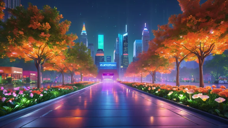 A futuristic cityscape with lush greenery and interactive installations for desktop/pc use.