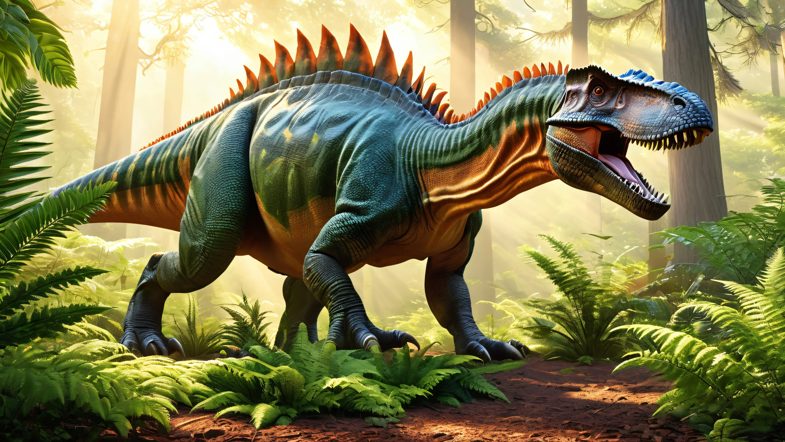 4K Mighty Armored Guardian Wallpaper for PC/Mac A majestic armored dinosaur standing proudly in a lush prehistoric forest on your desktop/pc, perfect for screen readers.