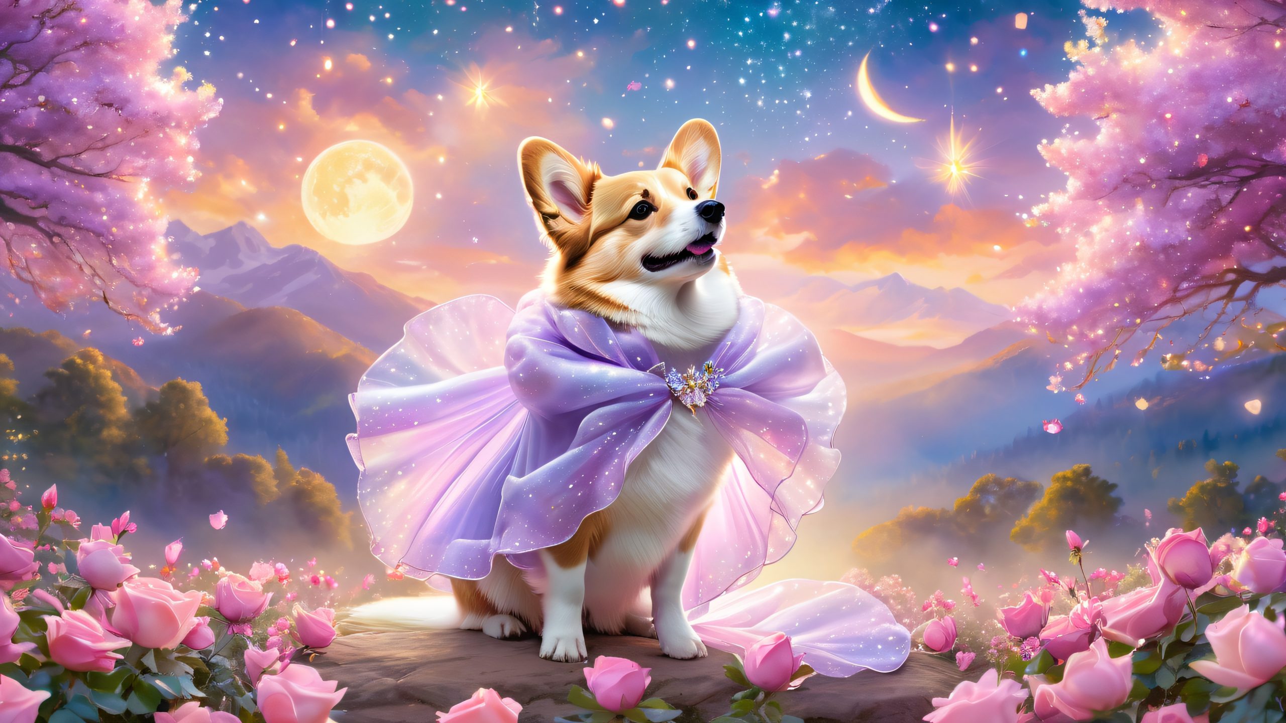 Majestic corgi Mimi standing on hind legs, surrounded by rose petals and fairy lights, set against a moonlit forest clearing with twinkling lanterns and glowing clouds.