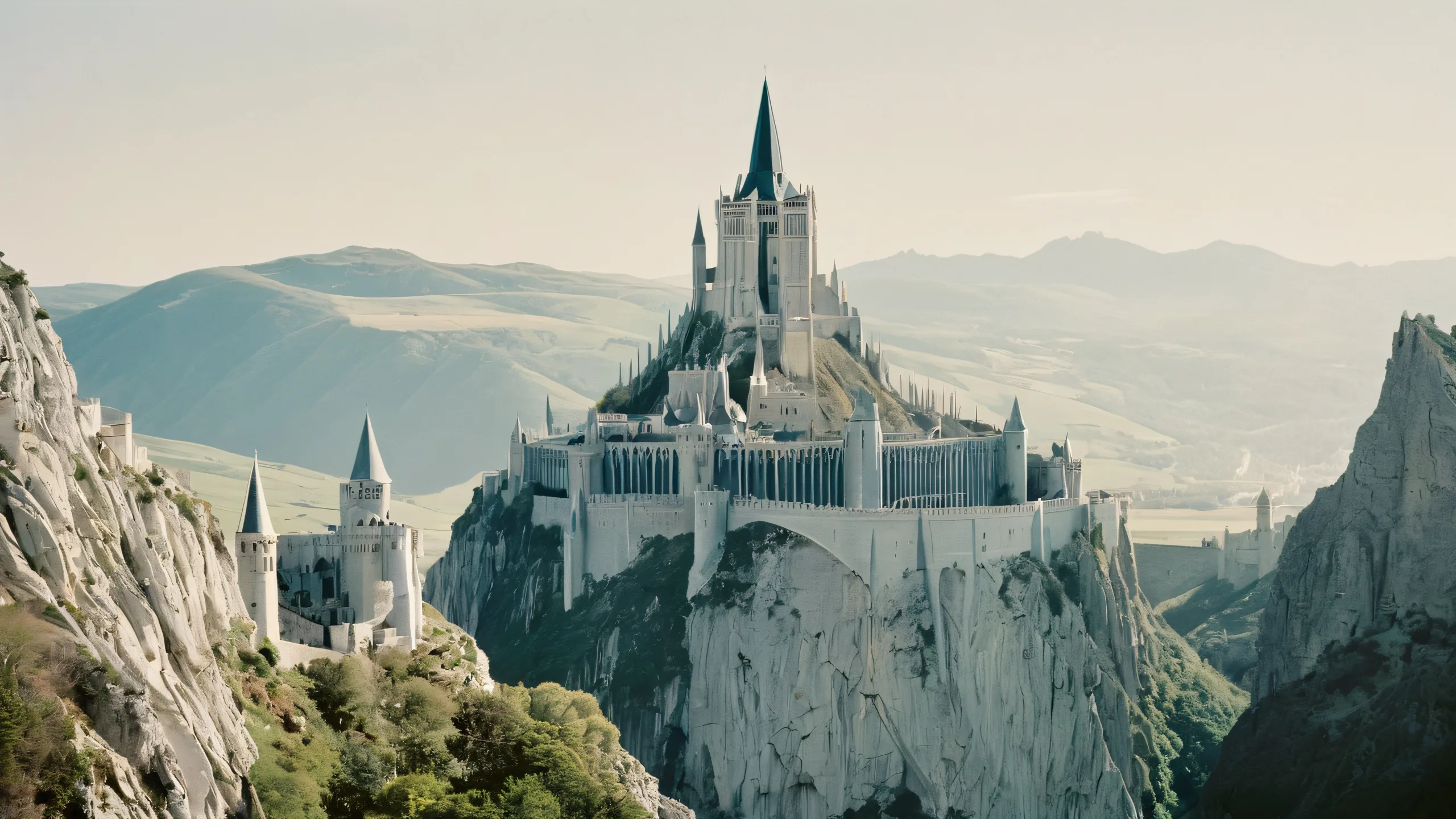 Ethereal Gondor Landscapes Dawn Aesthetic PC Wallpaper A serene Minas Tirith landscape with digital painting effects, perfect for desktop PCs or laptops.
