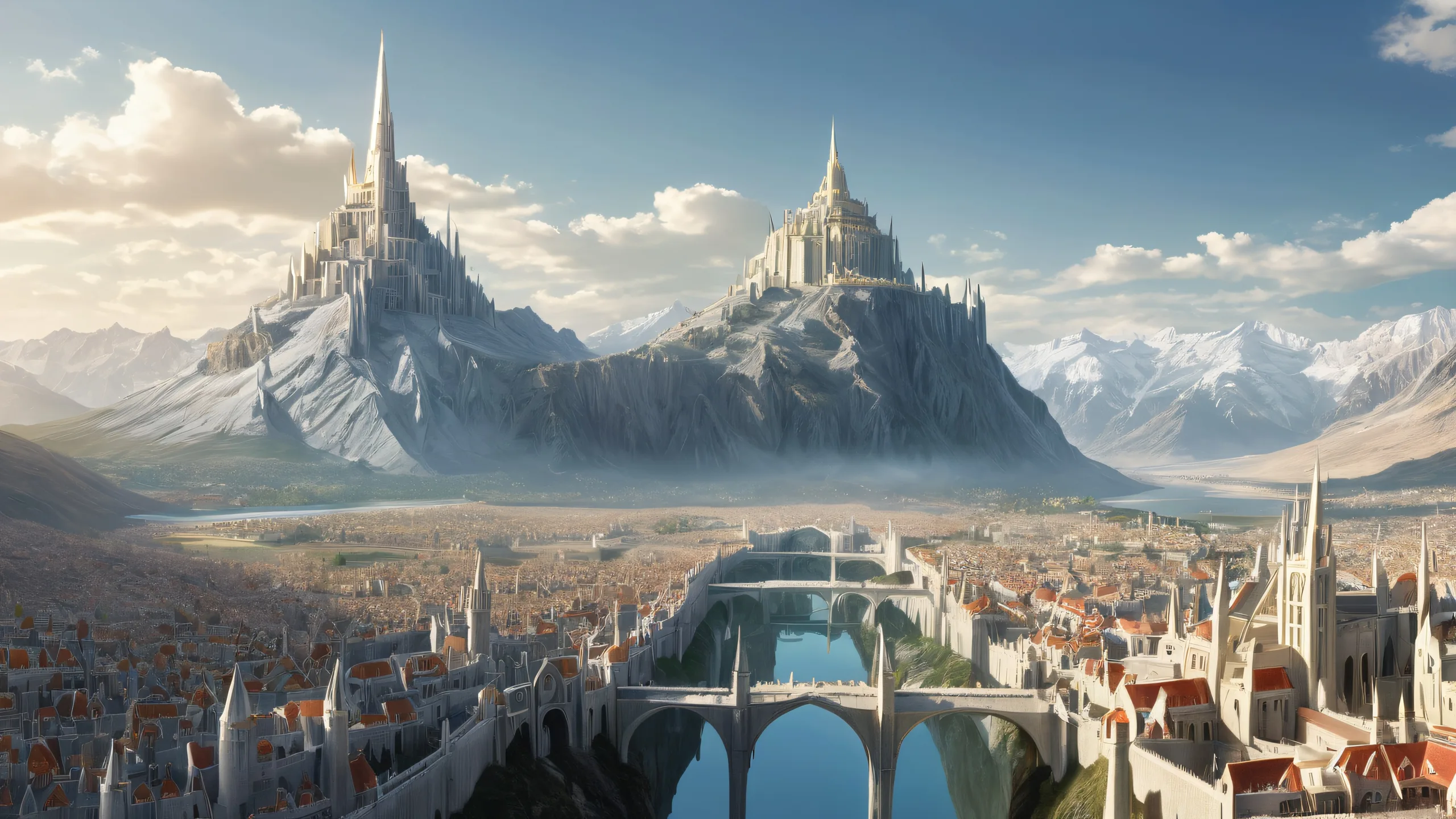 Epic Ethereal Minas Tirith Sunrise Desktop WallpaperPerfekt für Ihren Desktop/PC Breathtaking desktop wallpaper of Minas Tirith on a pristine void, perfect for your Desktop/PC