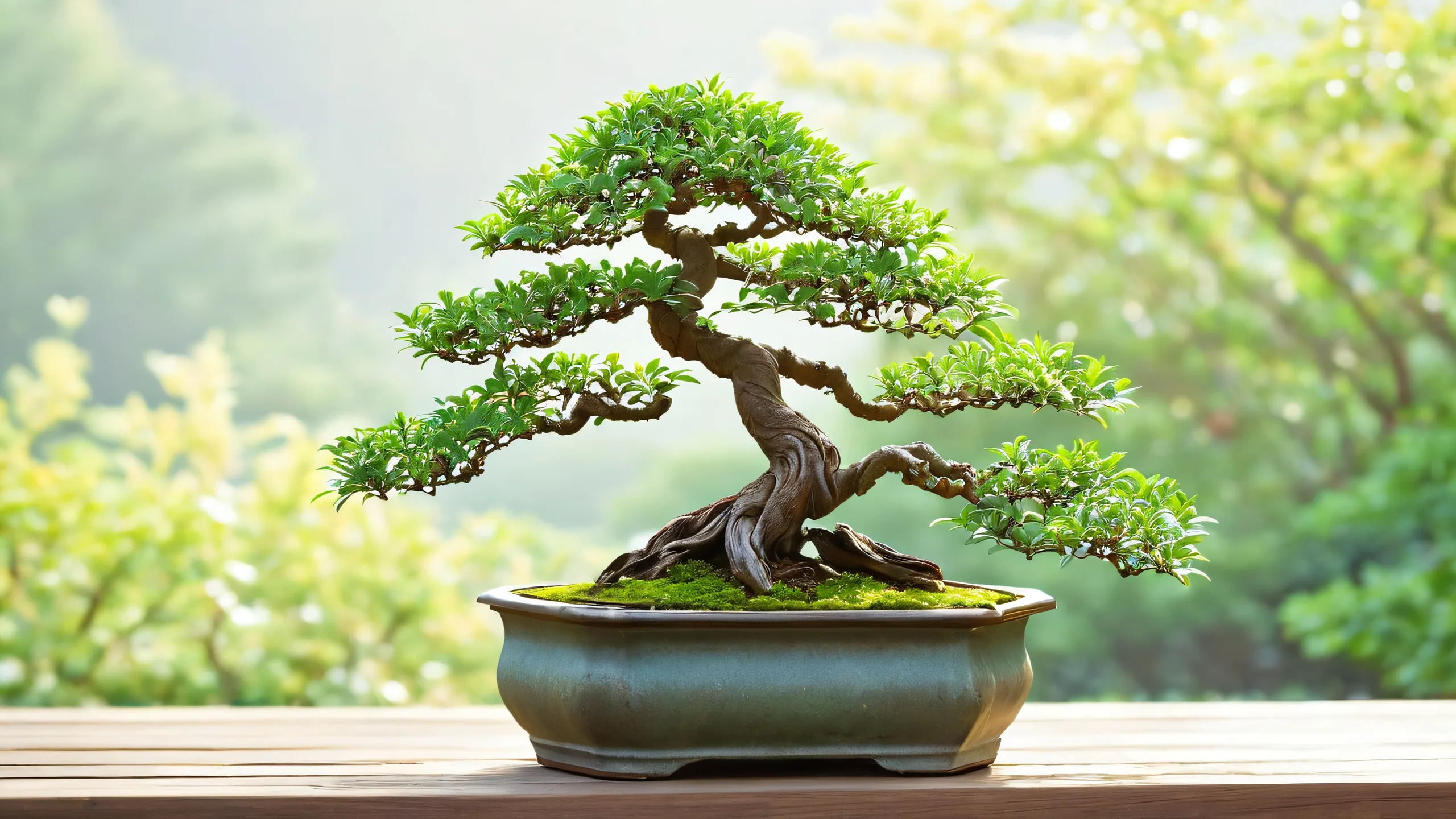 4K Misty Bonsai Sanctuary Desktop Background A serene miniature bonsai tree surrounded by mist and lush greenery on a desktop or PC