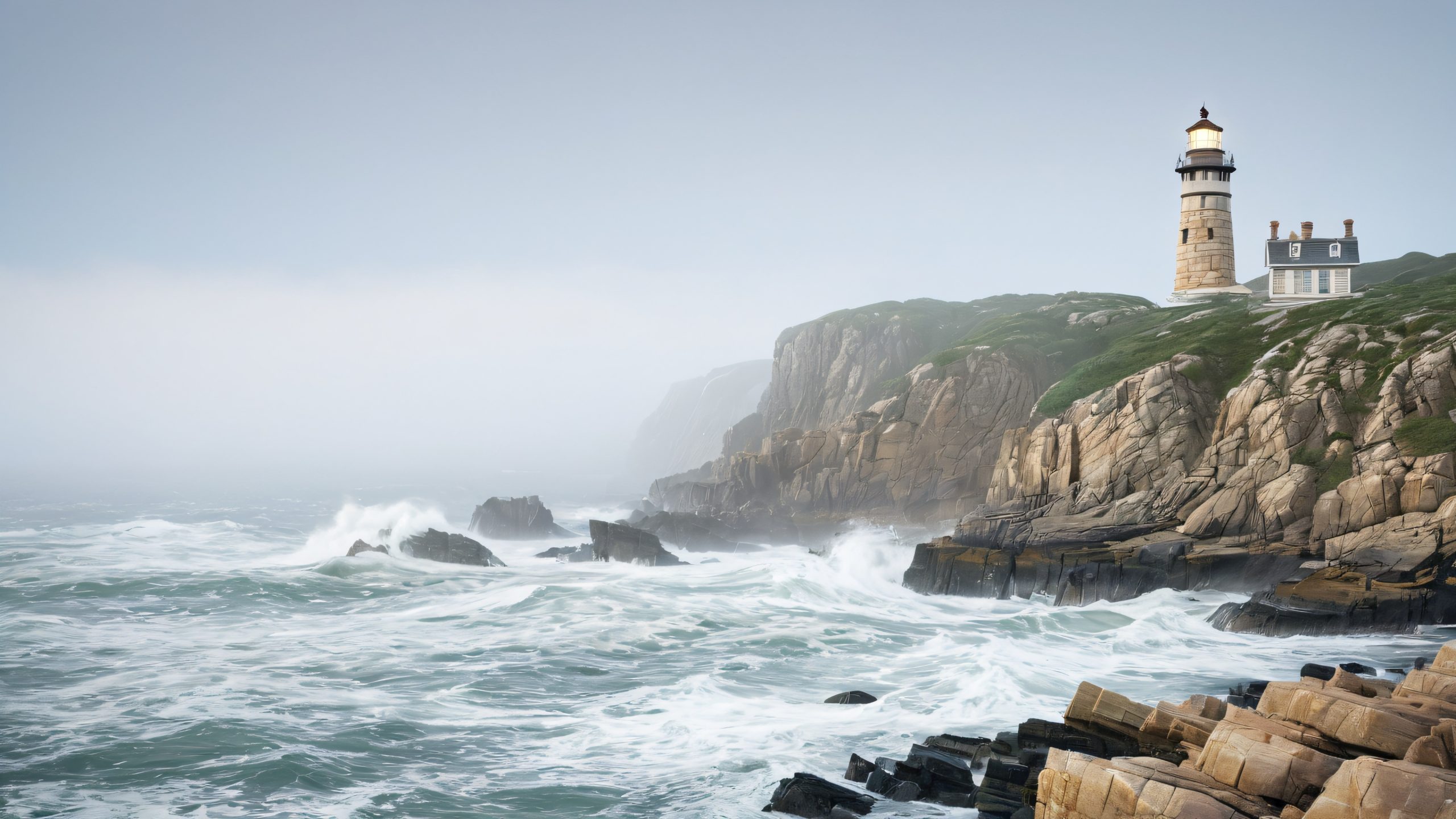 A majestic stone lighthouse stands on a rocky coastline, surrounded by crashing waves and misty islands.