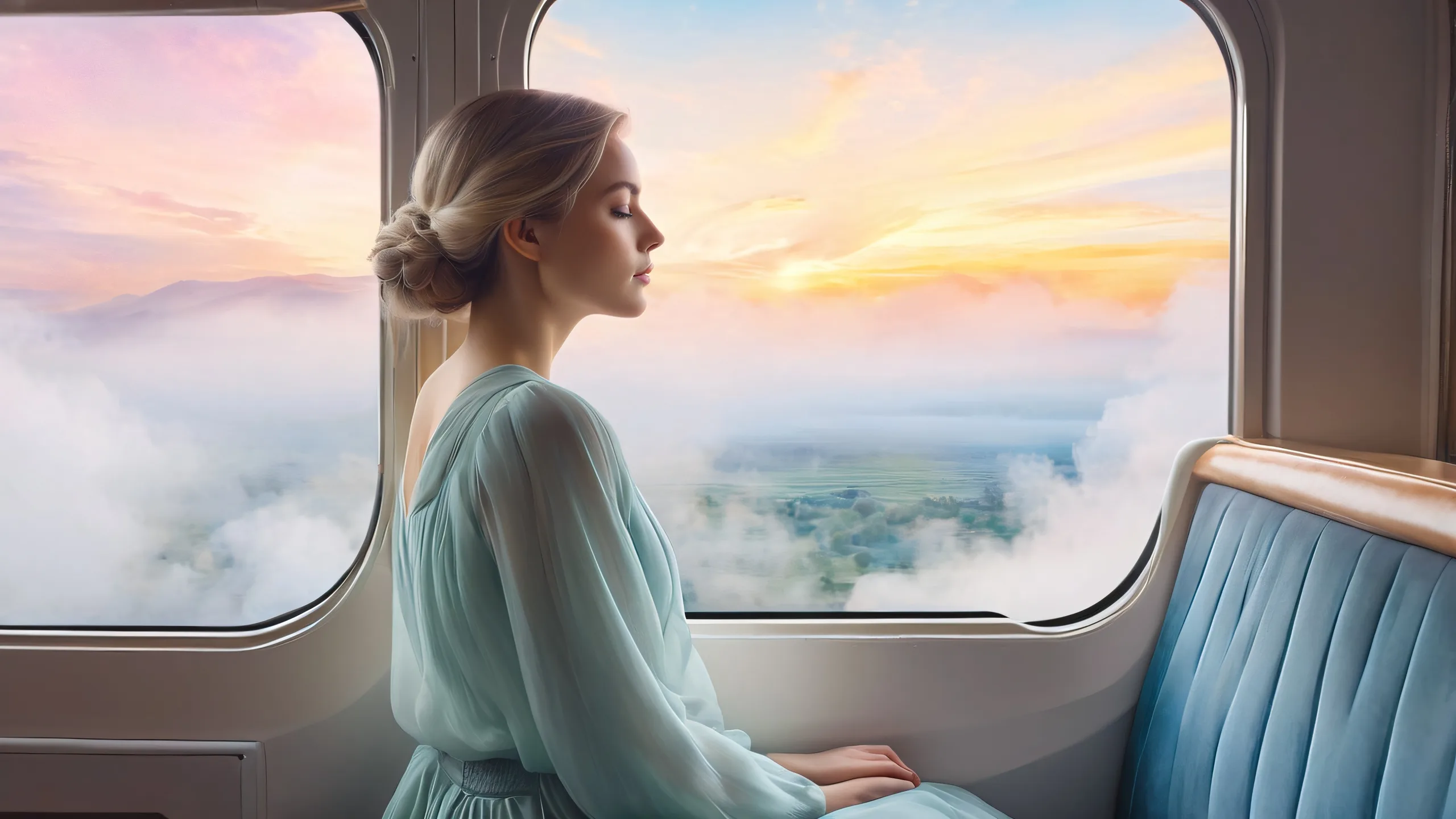 Young woman gazing out a window at a dreamlike cityscape with swirling clouds and misty fog on a desktop/pc