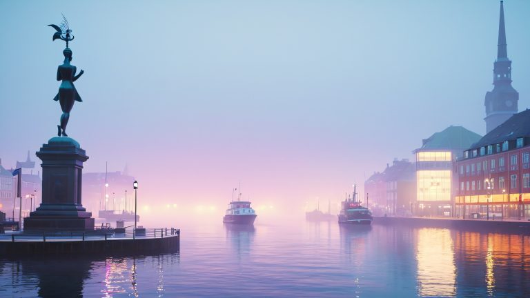 misty copenhagen waterfront futuristic cityscape scaled