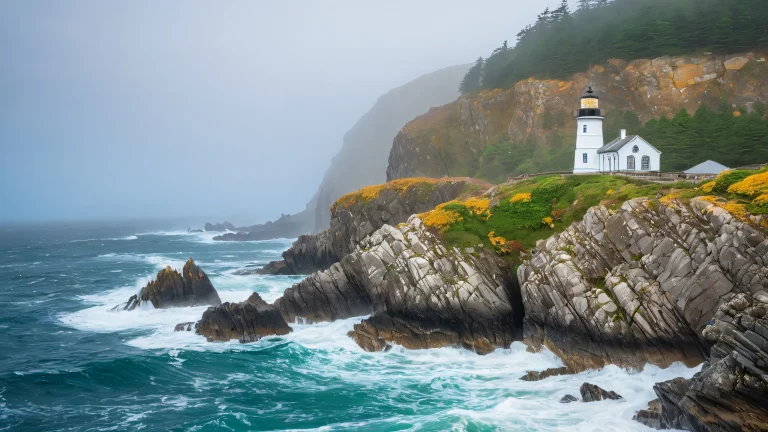 A majestic lighthouse stands against the crashing Atlantic waves, with lush greenery and weathered rocks. For Desktop/PC.