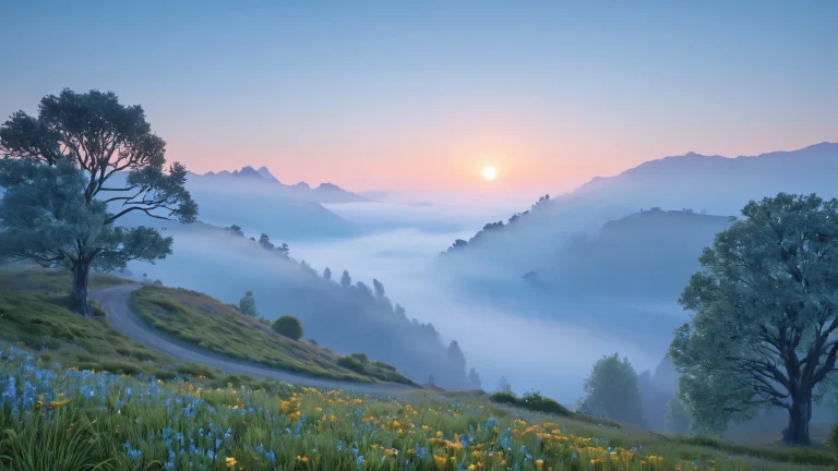 Unreal shapes in a misty dawn landscape with shades of grey and blue.