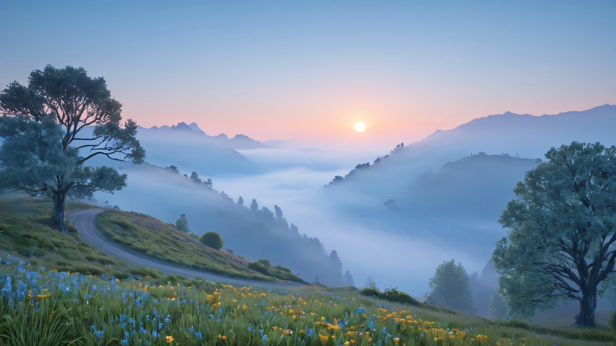 Misty Dawn Unreal Forms Aesthetic PC Wallpaper Unreal shapes in a misty dawn landscape with shades of grey and blue.