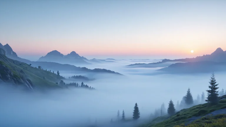 A serene fantasy landscape with geometric shapes shrouded in mist and fog at dawn.