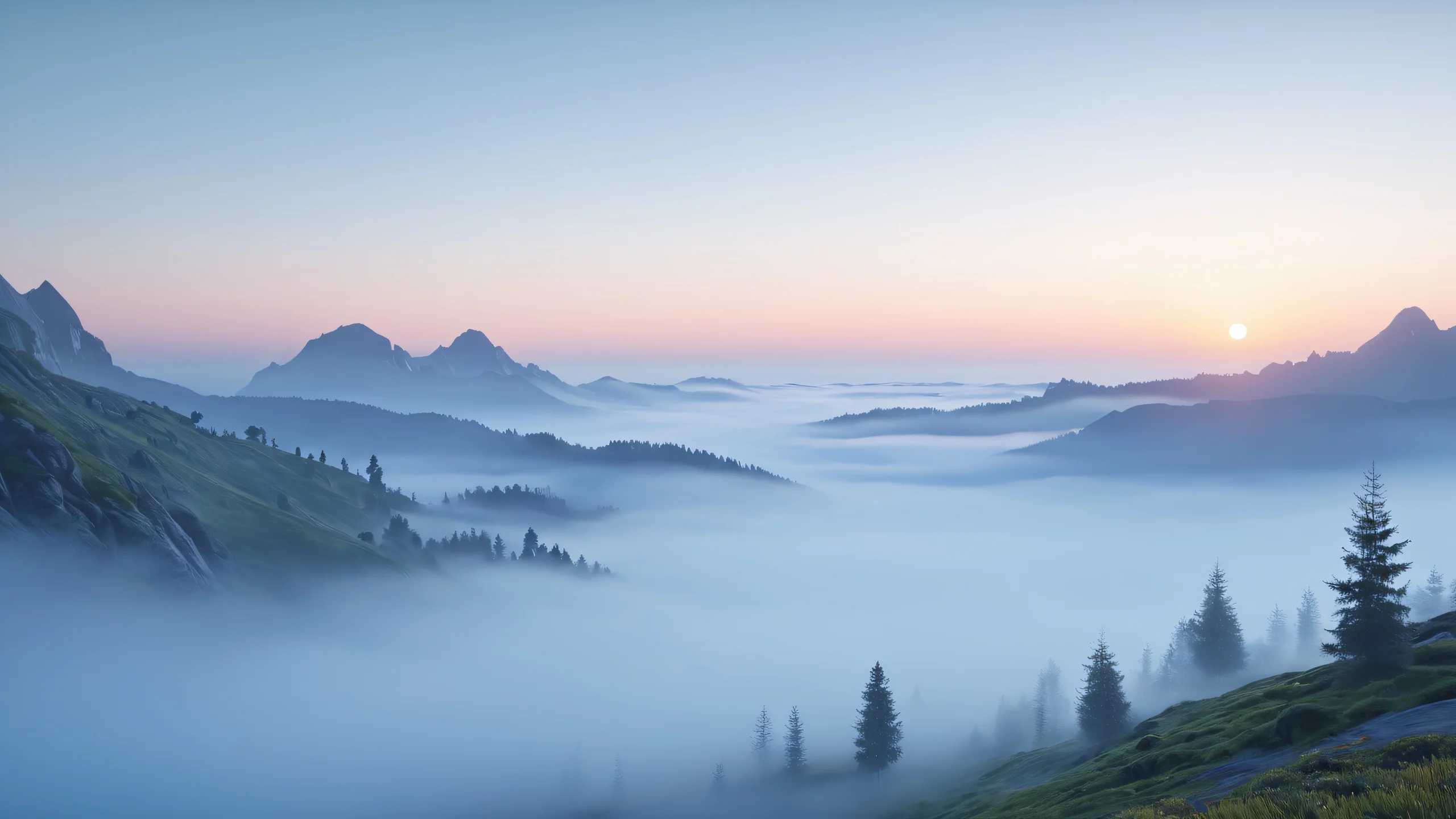 4K Misty Dawn Geometry Wallpaper for PC/Mac A serene fantasy landscape with geometric shapes shrouded in mist and fog at dawn.