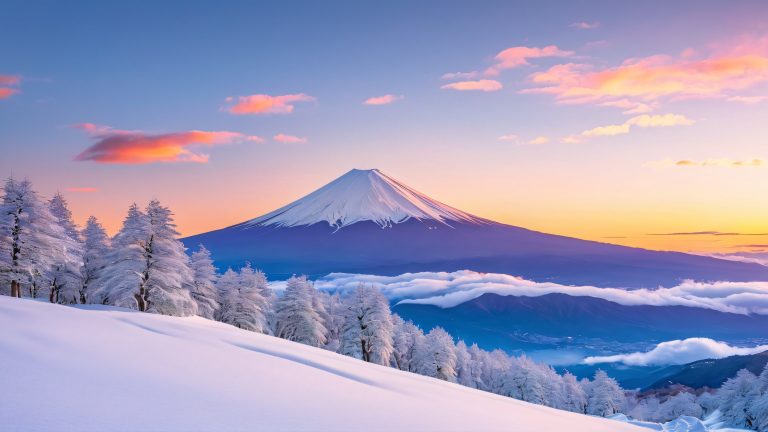 misty fuji sunset scaled