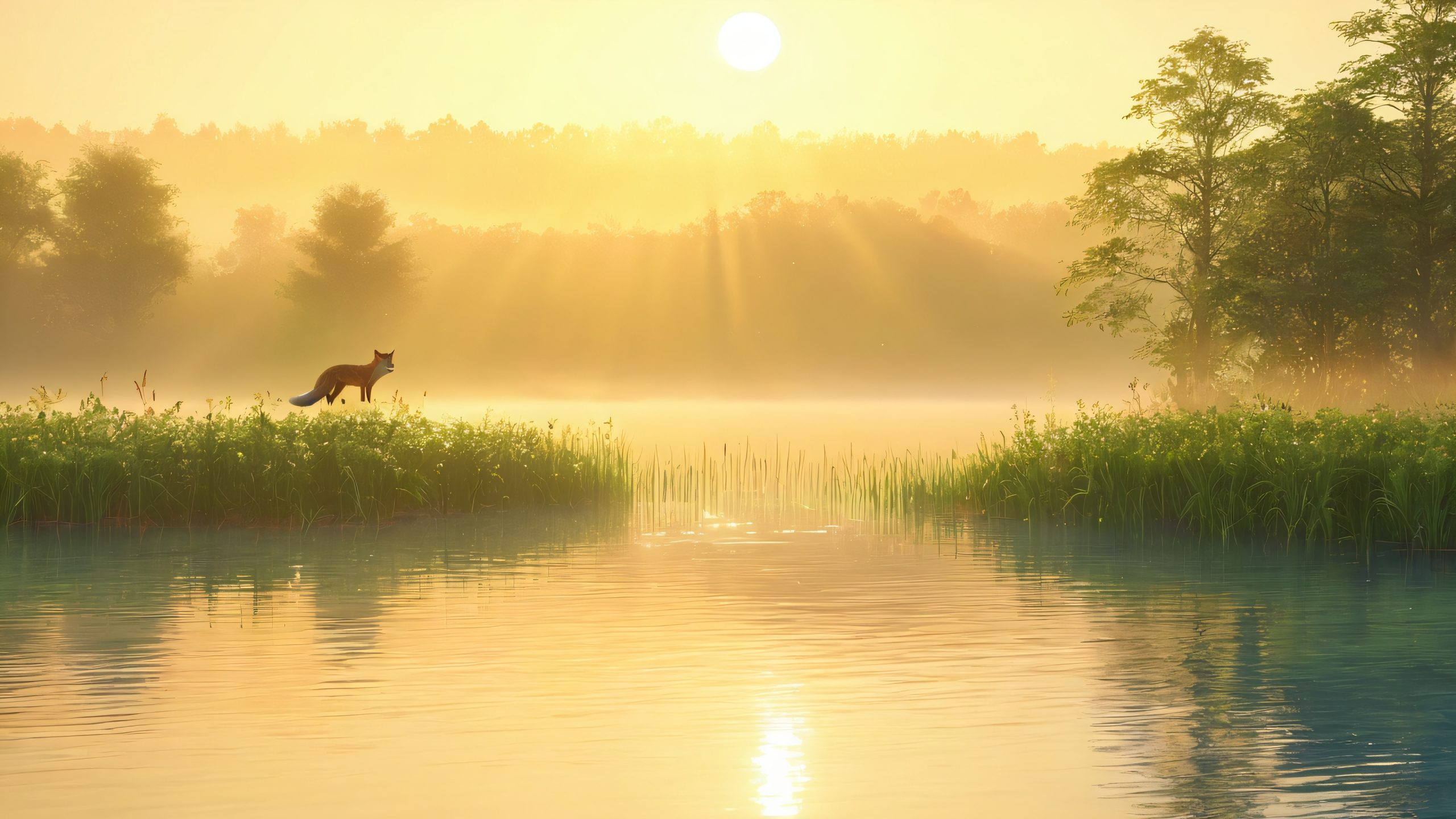 A serene lake scene at dawn, featuring a sleek wet fox emerging from misty depths, with lush greenery and distant trees on the horizon, suitable for desktop/pc